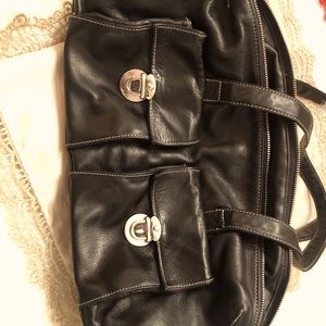Vintage Perlina leather Baguette Bag, black with silver accents